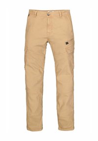 Beige cargobroek van katoen, met meerdere zakken, een knoopsluiting en zichtbare stikseldetails. Recht model.