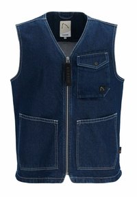 Denim brezrokavnik v temno modri barvi z zadrgo spredaj, eno prsno žep s sponko in dvema velikima sprednjima žepoma. Bele šive kot okras.