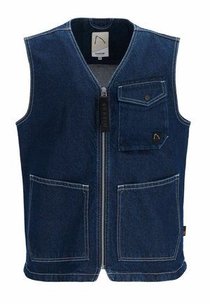 Gilet in denim blu scuro con zip frontale, una tasca sul petto con chiusura a scatto e due ampie tasche frontali. Cuciture bianche in risalto.
