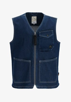 Gilet in denim blu scuro con zip frontale, una tasca sul petto con chiusura a scatto e due ampie tasche frontali. Cuciture bianche in risalto.