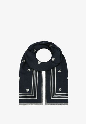 Sciarpa blu realizzata in tessuto morbido, con motivi geometrici e strisce bianche, e bordi frangiati. Design circolare per un facile utilizzo.