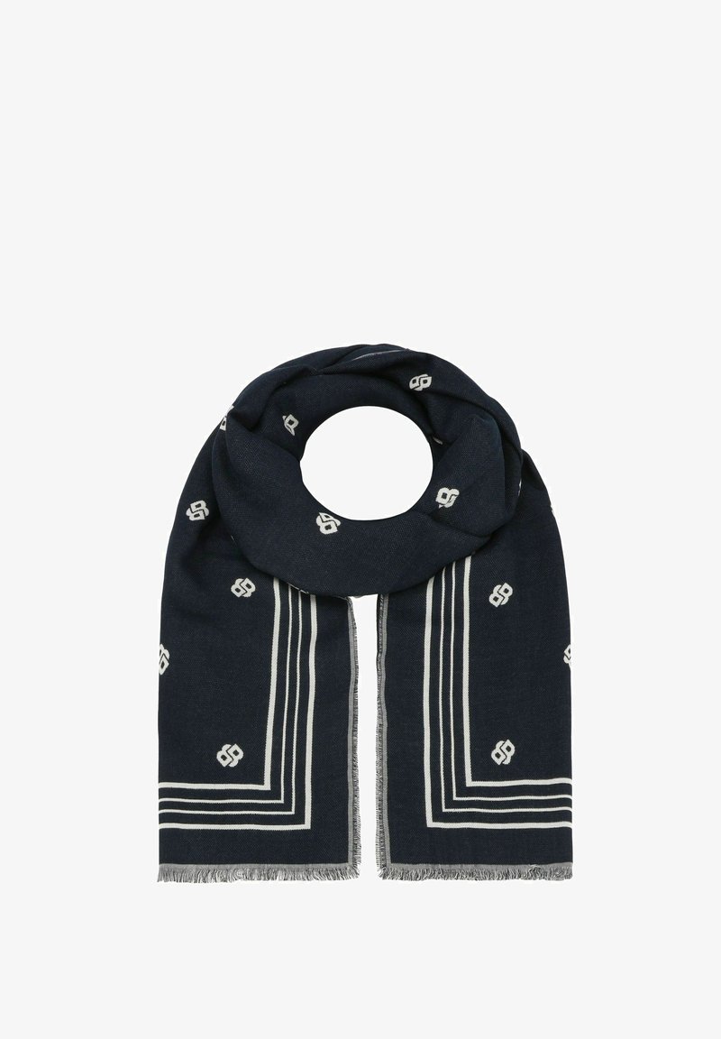 Sciarpa blu realizzata in tessuto morbido, con motivi geometrici e strisce bianche, e bordi frangiati. Design circolare per un facile utilizzo.