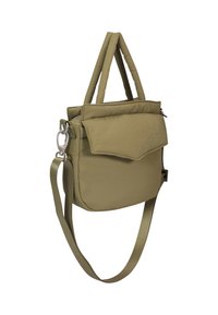 Olivovo zelená prešívaná kabelka s odnímateľným popruhom, hornými uchami, so zatváraním na klopu a striebornými kovovými prvkami. Textúrovaná tkanina.
