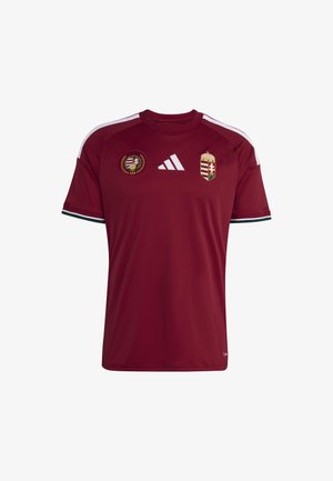 Maglia da calcio di colore marrone realizzata in tessuto sintetico. Presenta strisce bianche sulle spalle, loghi della squadra sul petto e dettagli verdi sulle maniche.