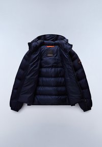 Marineblauwe gewatteerde winterjas met open rits, hoge kraag en doorgestikt ontwerp, plat liggend op een lichte ondergrond.
