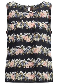 Blusa senza maniche blu scuro con strisce orizzontali di motivi floreali rosa, bianchi e viola e una leggera piega sullo scollo anteriore.
