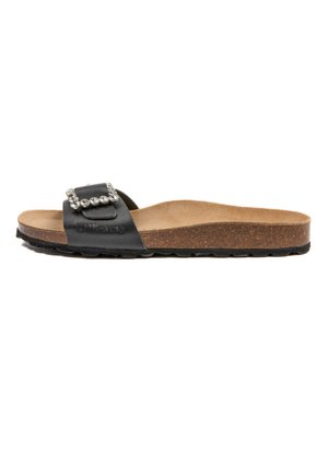 Sandale noire à glissière avec une large sangle ornée de strass transparents, semelle en liège et semelle extérieure en caoutchouc noir texturé.