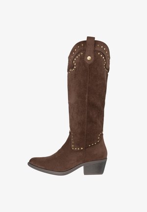 Brauner Wildleder-Stiefel in Westernstil bis zur Mitte der Wade mit Nietenverzierung, niedrigem Blockabsatz und abgerundet spitzer Zehenpartie.