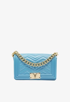 A light blue quilted handbag with a chunky gold chain strap and a metallic clasp featuring a logo on the front.