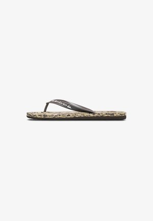 Brown flip-flop with a textured, leopard-patterned sole. Features a flexible strap and a logo on the strap. Lightweight and casual design.