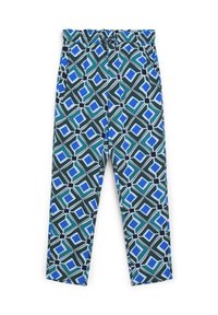 Pantalons à motifs bleu et vert présentant un design géométrique avec des teintes variées et une taille à cordon. Le matériau semble lisse et léger.