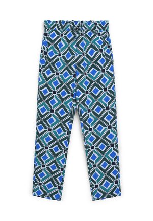 Pantalons à motifs bleu et vert présentant un design géométrique avec des teintes variées et une taille à cordon. Le matériau semble lisse et léger.