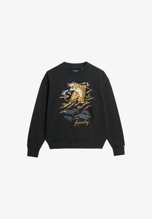 Czarna bluza z emotywnym haftem przedstawiającym tygrysa, bambus i fale. Żebrowane mankiety i dół, z metką marki na rękawie.
