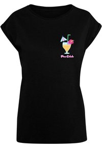Black cotton t-shirt with short sleeves, featuring a colorful "Pina Colada" graphic with a cocktail, umbrella, straw, and flower design.