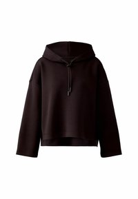 Schwarzer, kurz geschnittener Hoodie aus weichem Stoff, mit Kapuze und Kordelzug, weiten Ärmeln und einem entspannten Design. Einfacher und vielseitiger Stil.