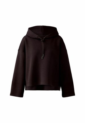 Black cropped hoodie made of soft fabric, featuring a drawstring hood, wide sleeves, and a relaxed design. Simple and versatile style.