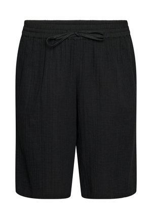 Juodi kelių ilgio šortai su elastinga juosmens juosta ir surišamu raišteliu, pagaminti iš tekstūruotos lengvos medžiagos.