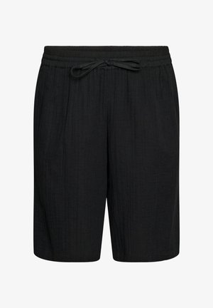 Mustad põlveni ulatuvad lühikesed püksid, millel on elastne vöökoht ja seotud pael, valmistatud tekstuurse kergest kangast.