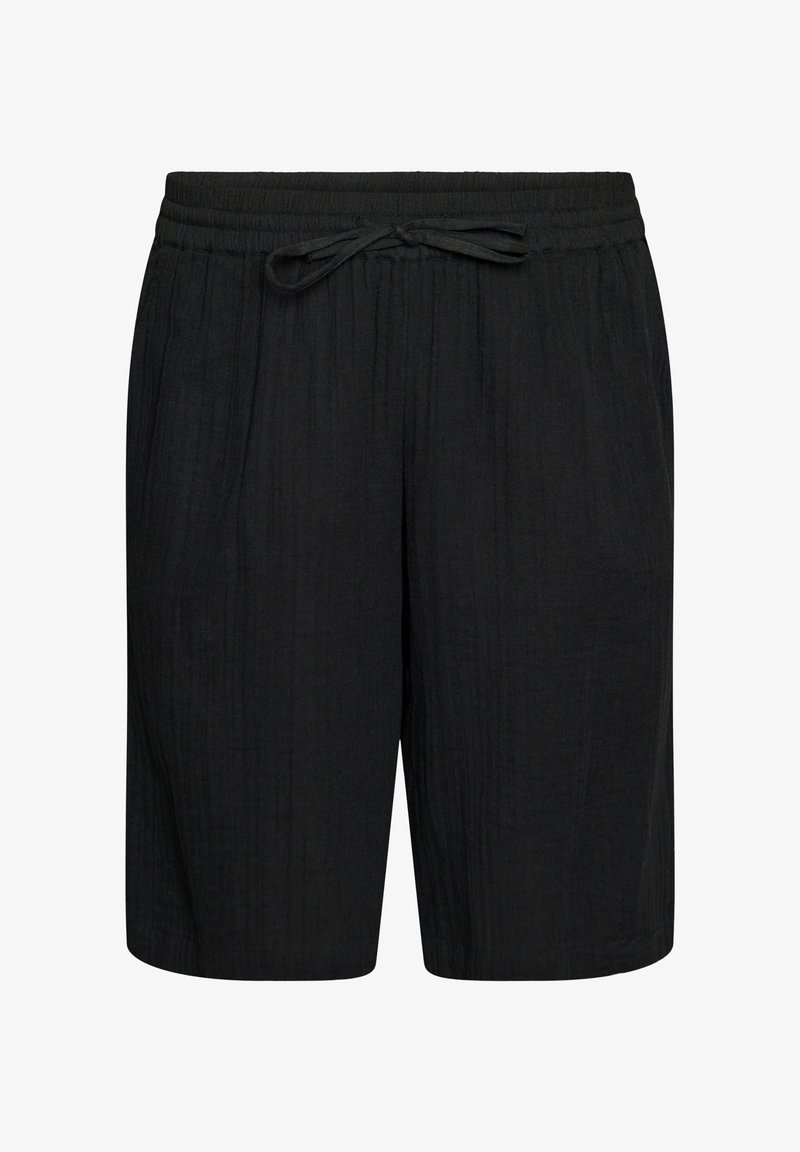 Pantalones cortos negros hasta la rodilla con cintura elástica y cordón ajustable, confeccionados con tela ligera texturizada.