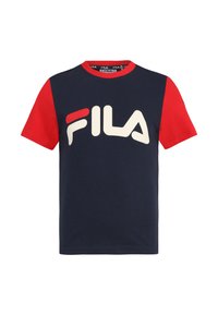 T-shirt in cotone blu navy con maniche corte rosse e un grande logo FILA bianco sul davanti. Design a girocollo con texture liscia.