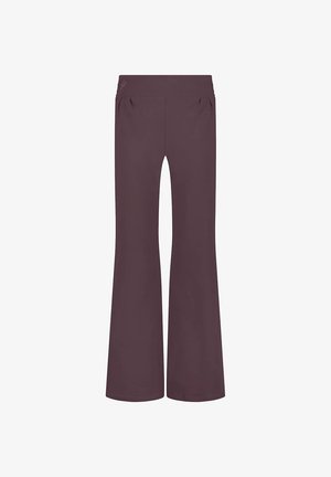 Löysät housut syvän violetista kankaasta, jossa on sileä pinta, leveä vyötärönauha ja kaksi sivutaskua toiminnallisuutta varten.