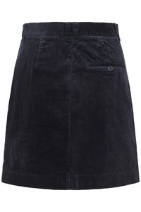 Sötétkék kordszoknya, illeszkedő derékrésszel, függőleges bordás textúrával és hátul gombos zsebbel.