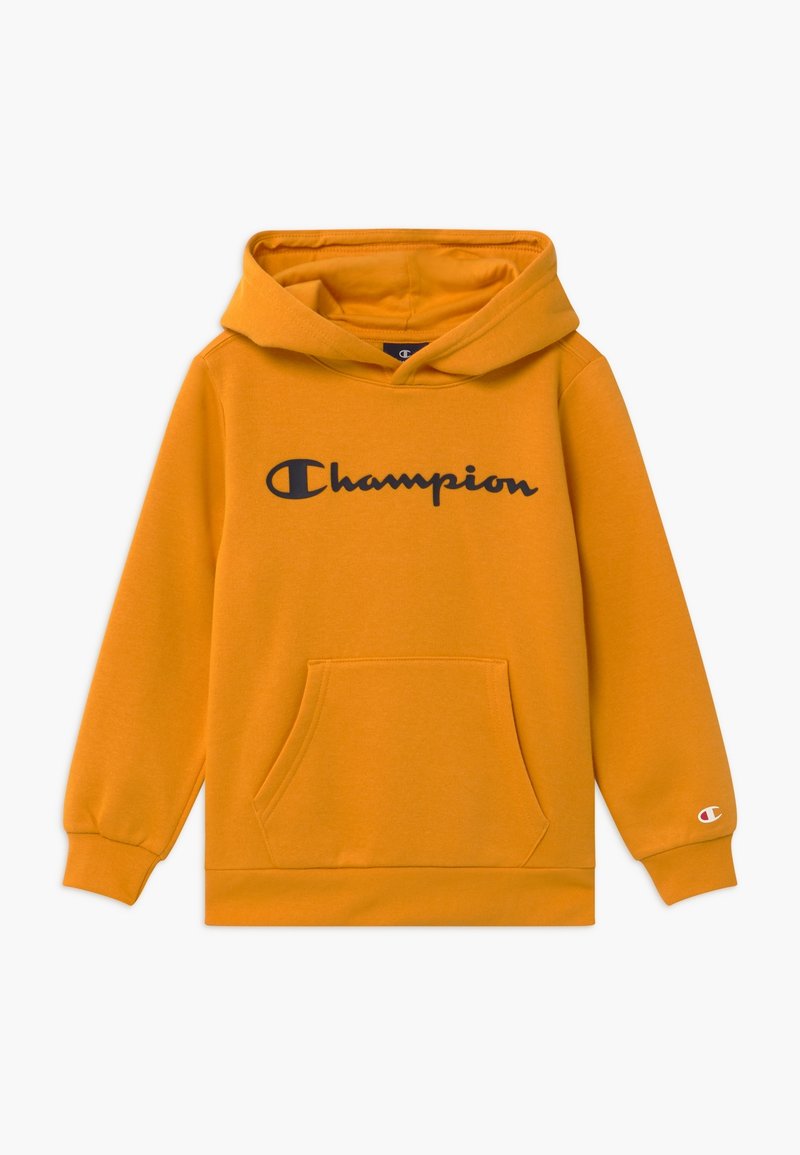 Felpa arancione in misto cotone, con tasca frontale, polsini a coste e un grande logo nero "Champion" sul petto.