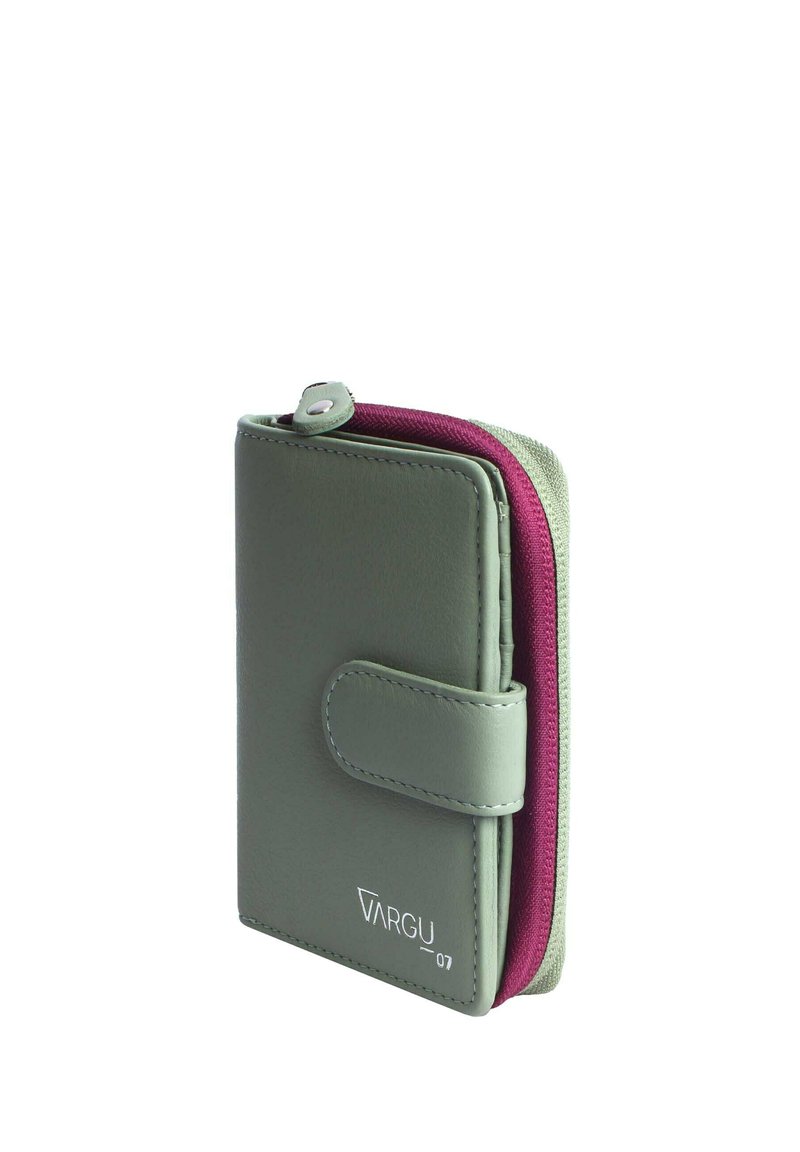 Green leather wallet with a zippered magenta interior, featuring a snap closure and a logo embossed on the front. Compact, rectangular design.