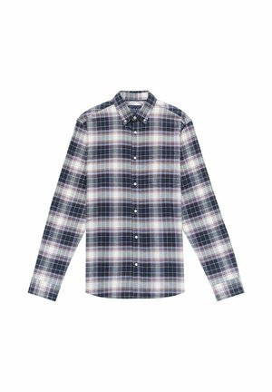 Męska koszula z długim rękawem w granatowym, białym i bordowym wzorze w kratę. Posiada kołnierzyk zapinany na guziki oraz guziki z przodu, wykonana jest z lekkiego materiału.
