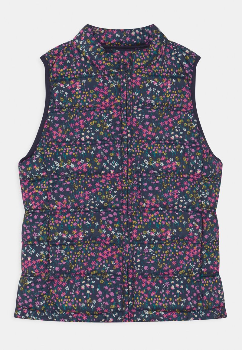 Gilet sans manches matelassé avec fermeture éclair, fond bleu foncé, recouvert d'un petit motif floral rose, blanc et jaune.
