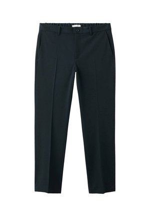 Pantaloni eleganti neri a gamba dritta con passanti per cintura, bottone davanti, chiusura con zip e tasche laterali, mostrati su sfondo bianco.