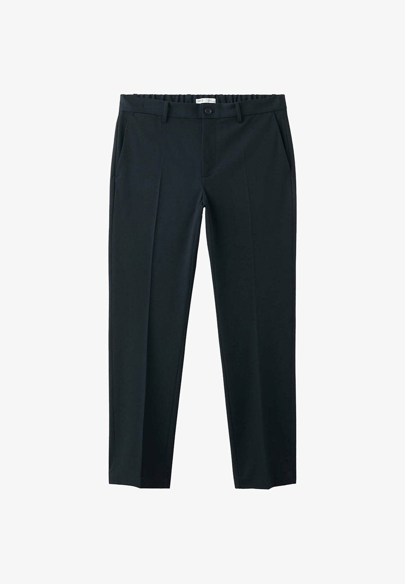 Pantalon de costume noir à jambes droites avec passants de ceinture, bouton à l'avant, fermeture éclair et poches latérales, présenté sur un fond blanc.