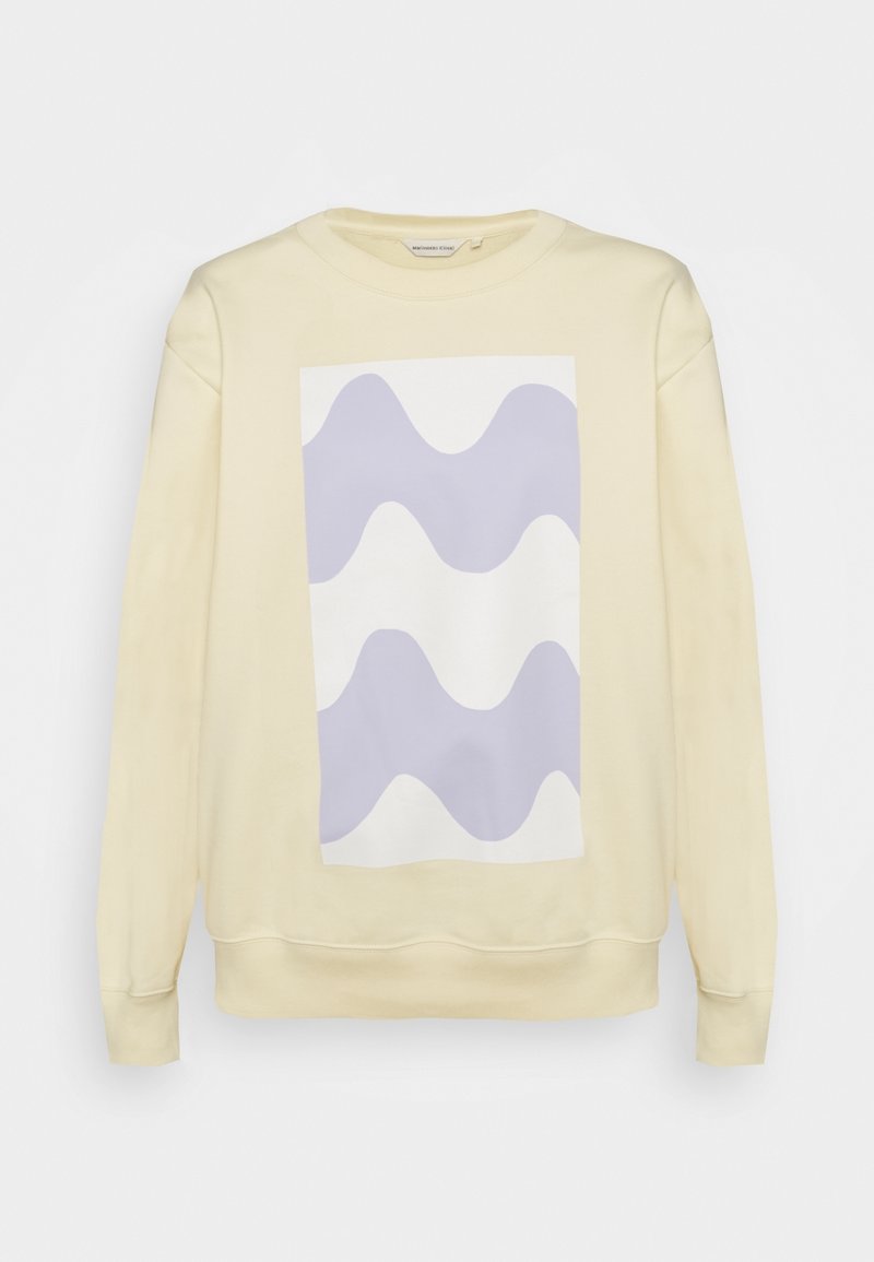Sweatshirt beige clair à manches longues avec un graphique rectangulaire de formes abstraites ondulées lavande et blanches sur le devant.