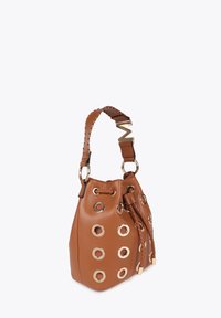 Brown leather bucket bag with gold-tone metal grommets and braided accents. Features a textured strap and drawstring closure.
