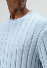 Lichtblauwe gebreide trui met verticale ribbels, ronde hals en textuurstof. Voorzien van zacht, ademend materiaal en een ontspannen pasvorm.