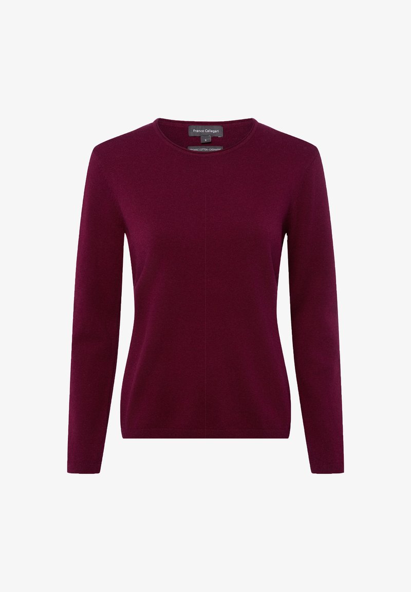 Bordeauxroter Pullover aus einer weichen Baumwoll-Cashmere-Mischung, mit Rundhalsausschnitt und langen Ärmeln, mit glatter und gleichmäßiger Textur.