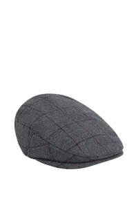 Grau melierter Woll-Cap mit einem karierten Muster in dunkelroten Akzenten. Gewölbte Form mit einer glatten Textur und einem klassischen Design.