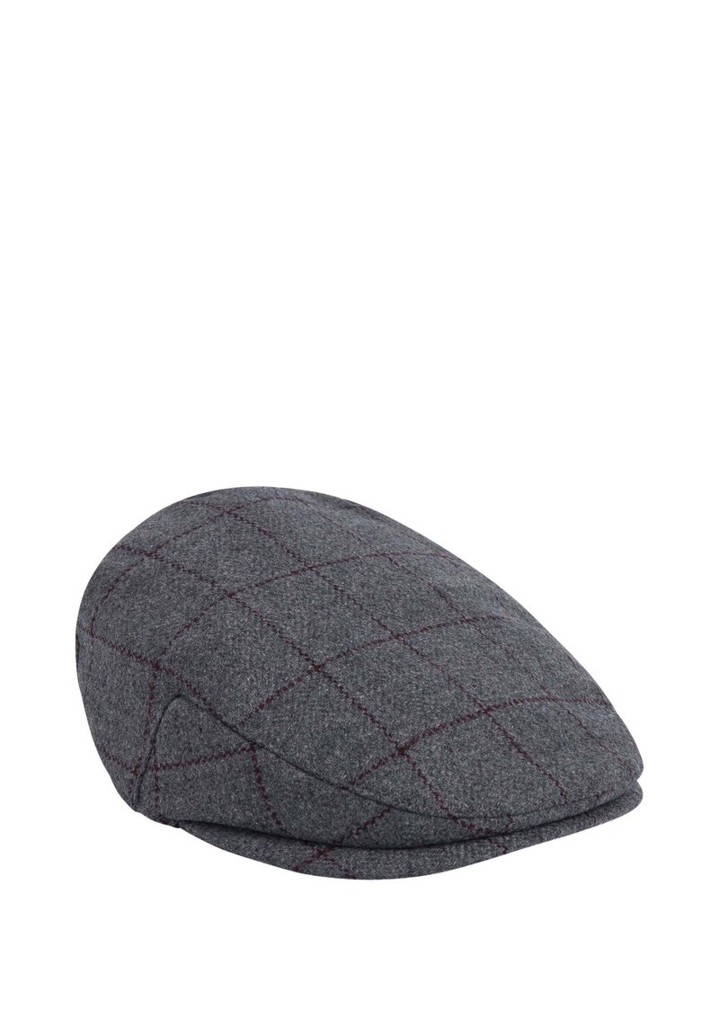 Grau melierter Woll-Cap mit einem karierten Muster in dunkelroten Akzenten. Gewölbte Form mit einer glatten Textur und einem klassischen Design.