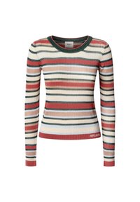 Pull à manches longues côtelé présentant des rayures horizontales multicolores en nuances de rose, beige, vert et bleu, avec un col rond.