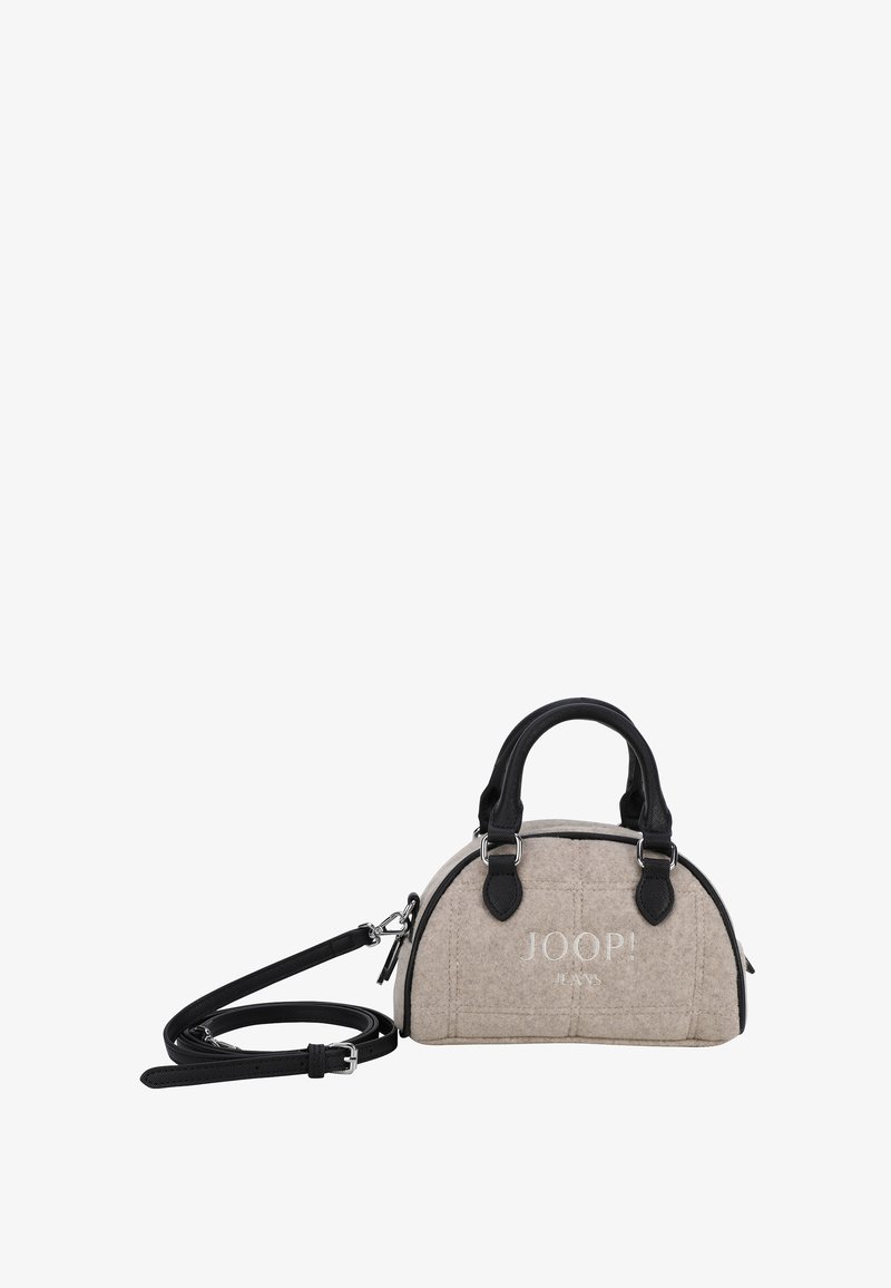 Szara torebka na ramię z czarnymi skórzanymi akcentami, podwójnymi uchwytami i odczepianym paskiem na ramię. Posiada metalowe logo oraz pikowany wzór.