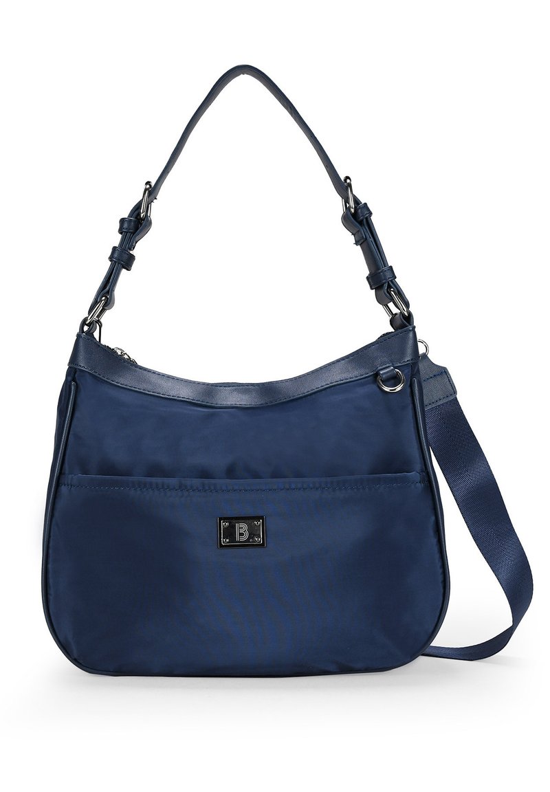 Borsa a spalla in nylon blu navy con una texture liscia, tracolla regolabile, tasca frontale con dettaglio logo e una leggera lucentezza.