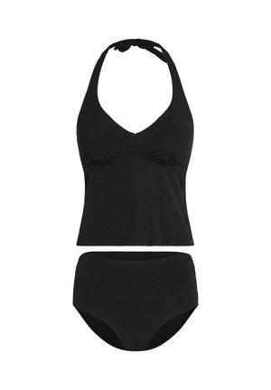 Ensemble de bain deux-pièces noir comprenant un haut à col licou avec un décolleté en V et un détail froncé, associé à un bas de bikini taille haute.