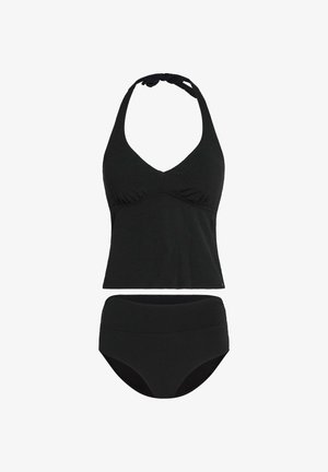 Zwart tweedelig zwemset bestaande uit een haltertop met een V-hals en plooidetail, gecombineerd met hoge taille bikinionderdelen.