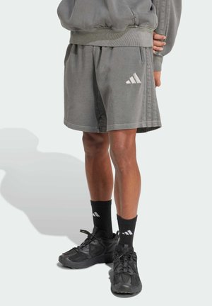 Osoba ubrana w szare sportowe szorty i bluzę, czarne sportowe buty oraz czarne skarpetki z białym logo, stojąca na jednolitym tle.
