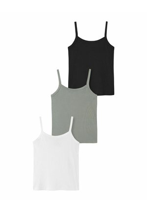 Drei ärmellose Damen-Camisoles mit dünnen Trägern in Schwarz, Grau und Weiß, überlappend auf einem weißen Hintergrund angeordnet.