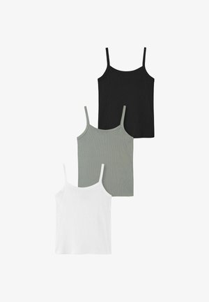 Trois camisoles sans manches pour femmes avec des bretelles fines en noir, gris et blanc, disposées en chevauchement sur un fond blanc.