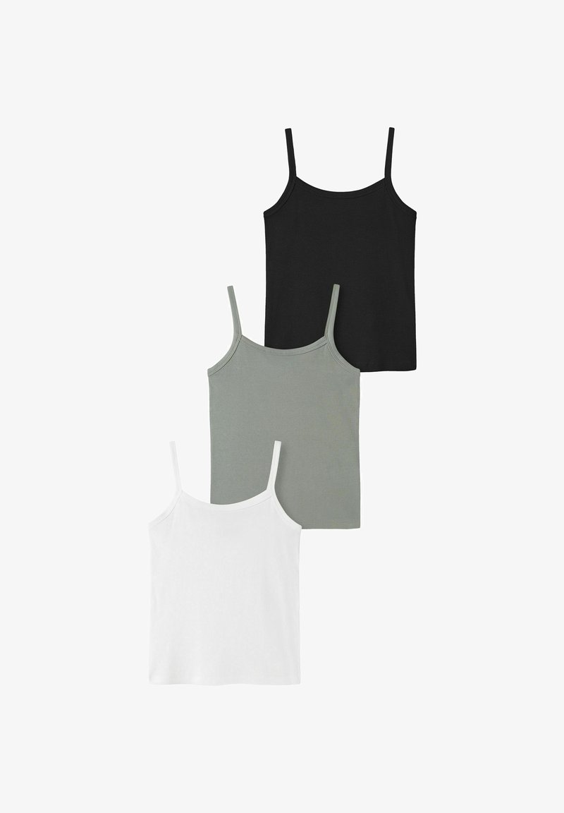 Trois camisoles sans manches pour femmes avec des bretelles fines en noir, gris et blanc, disposées en chevauchement sur un fond blanc.