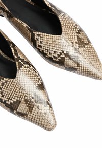 Puntige ballerina's met een beige en bruine slangenprint en zwarte binnenzolen, gepresenteerd op een witte achtergrond.