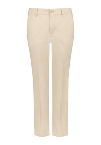 Béžové kalhoty vyrobené z jemné bavlny. Rovný střih s zipovým zapínáním a knoflíkovým uzávěrem. Obsahuje dvě postranní kapsy a hladkou strukturu.