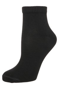 Calza nera alla caviglia realizzata in morbido misto cotone, con bordo a costine, superficie liscia e design senza cuciture nella punta.